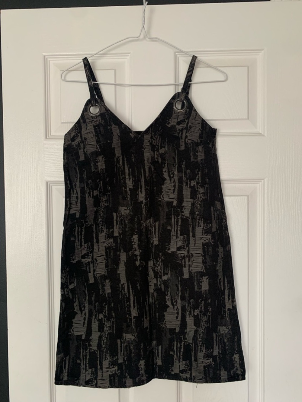 H&M Black Textured Mini Dress with Grommet Straps